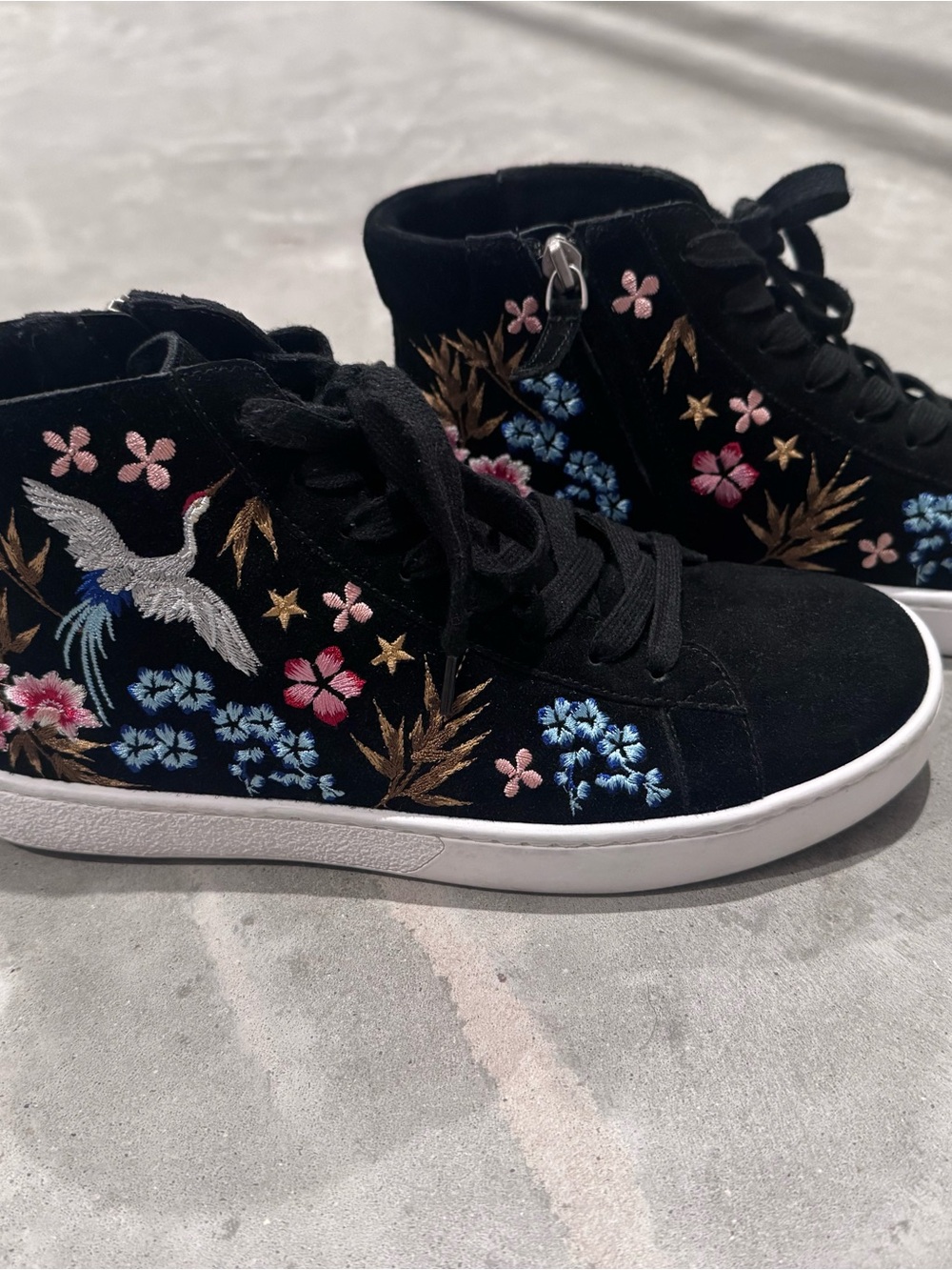 Johnny Was Black Emiko High-Top Sneakers Embroidered Crane & Floral Accents